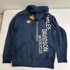 Harley Davidson Zip Up Hoodie Mens Medium Blue Front Logo Spellout Sweatshirt